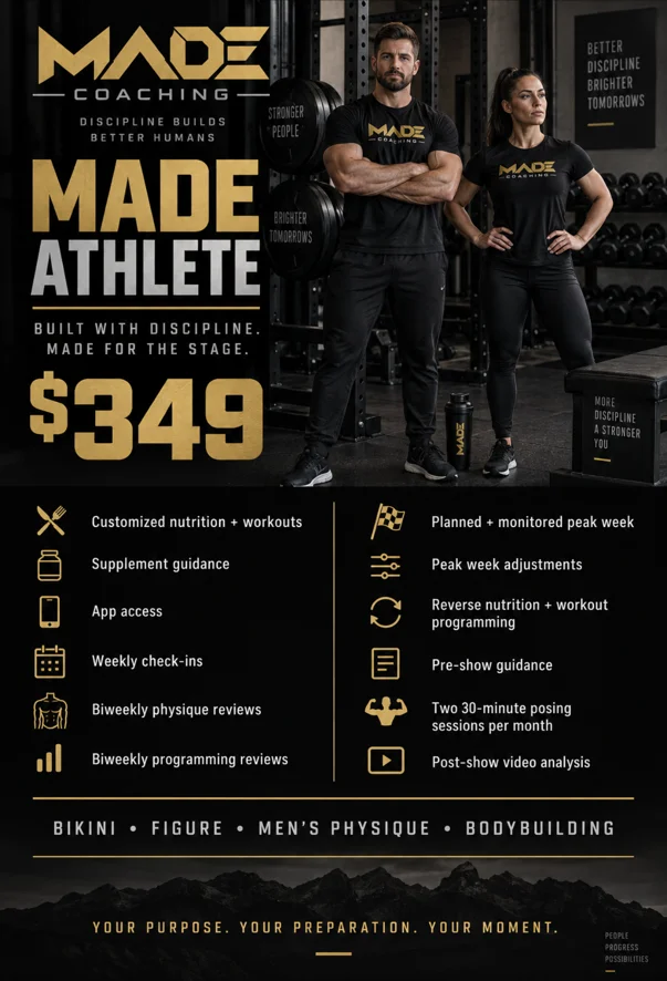 MADE Athlete — $349: contest prep for bikini, figure, men's physique and bodybuilding, with peak week planning and posing sessions