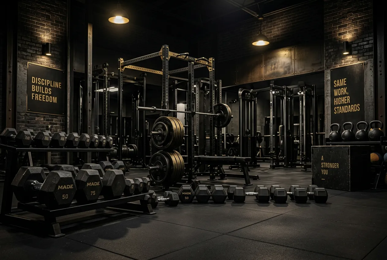 Dark Made Men gym with dumbbell racks, a loaded barbell, power racks and gold Discipline Builds Freedom signage