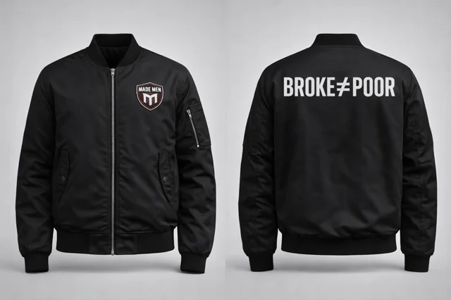 Classic MA-1 style bomber. Shield patch front, bold 'BROKE ≠ POOR' back.