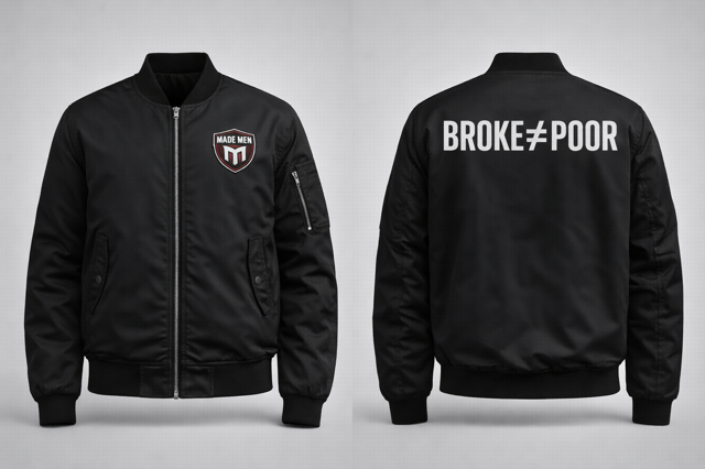 Classic MA-1 style bomber. Shield patch front, bold 'BROKE ≠ POOR' back.