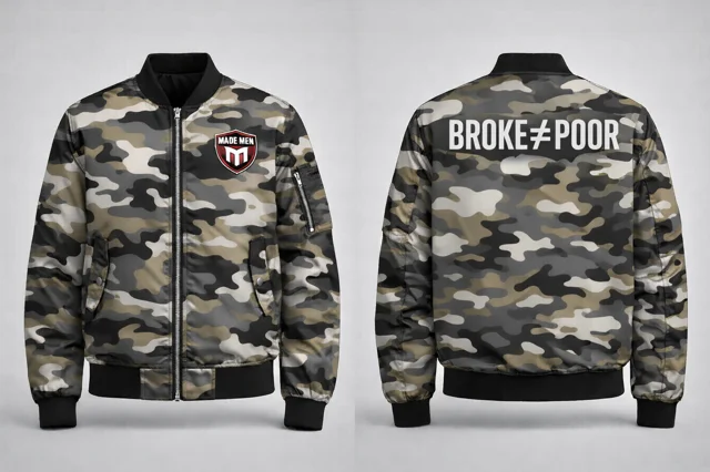 Camo MA-1 style bomber. Shield patch front, bold 'BROKE ≠ POOR' back.