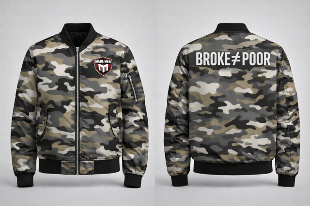 Camo MA-1 style bomber. Shield patch front, bold 'BROKE ≠ POOR' back.