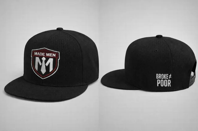 Black flat-brim snapback with embroidered shield and 'BROKE ≠ POOR' side hit.
