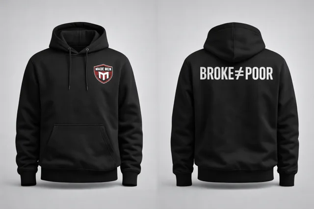 Heavyweight pullover hoodie. Chest shield, 'BROKE ≠ POOR' back print.