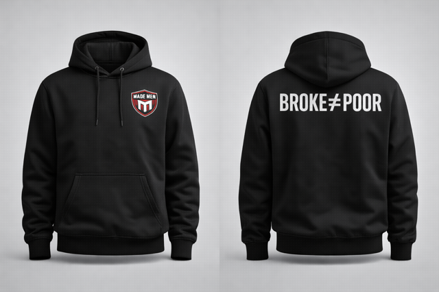 Heavyweight pullover hoodie. Chest shield, 'BROKE ≠ POOR' back print.