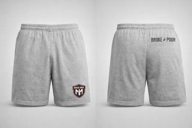 Heather gray training shorts. Front shield, 'Broke ≠ Poor' back hip print.