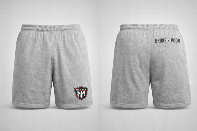 Heather gray training shorts. Front shield, 'Broke ≠ Poor' back hip print.