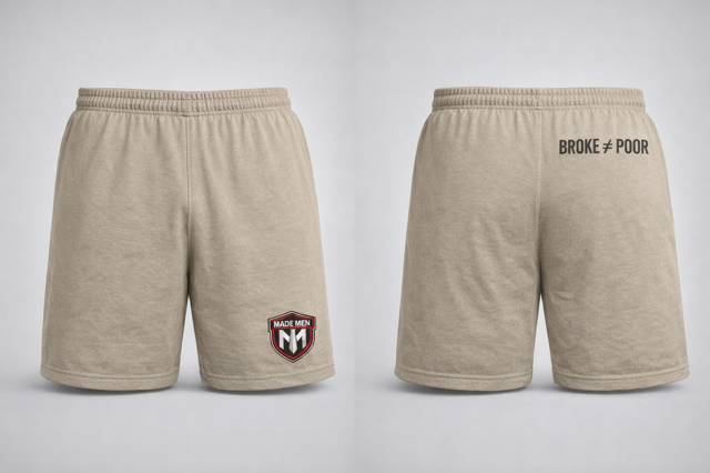 Tan heather training shorts with shield logo and 'Broke ≠ Poor' rear print.
