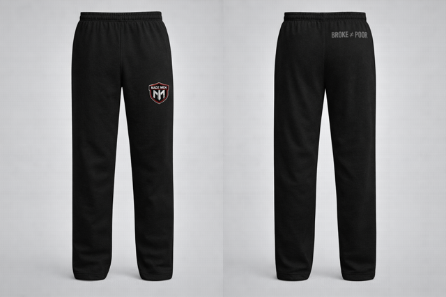 Open-hem black sweatpants with shield logo on thigh.