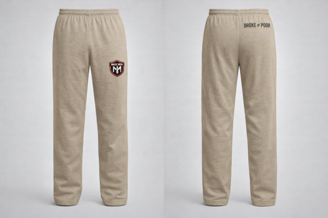 Open-hem tan sweatpants with shield logo on thigh.