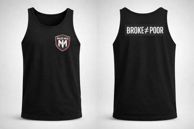 Black training tank. Chest shield, 'BROKE ≠ POOR' back print.