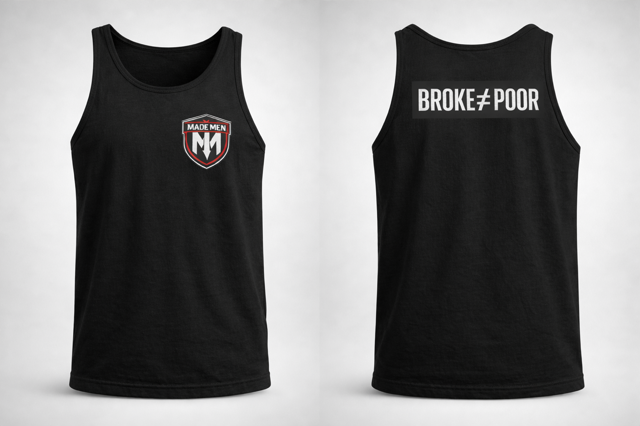Black training tank. Chest shield, 'BROKE ≠ POOR' back print.
