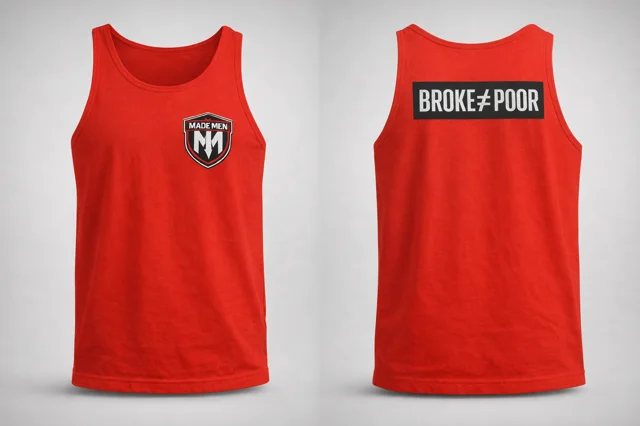 Red training tank. Chest shield, 'BROKE ≠ POOR' back print.