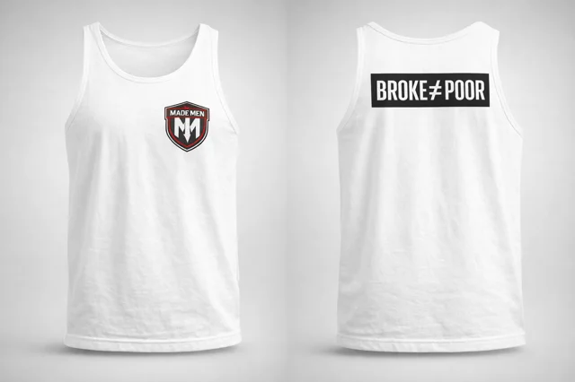 White training tank. Chest shield, 'BROKE ≠ POOR' back print.