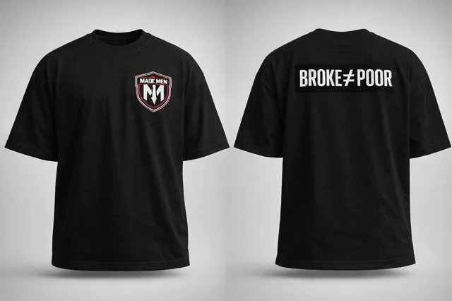 Black cotton tee. Chest shield, 'BROKE ≠ POOR' back print.
