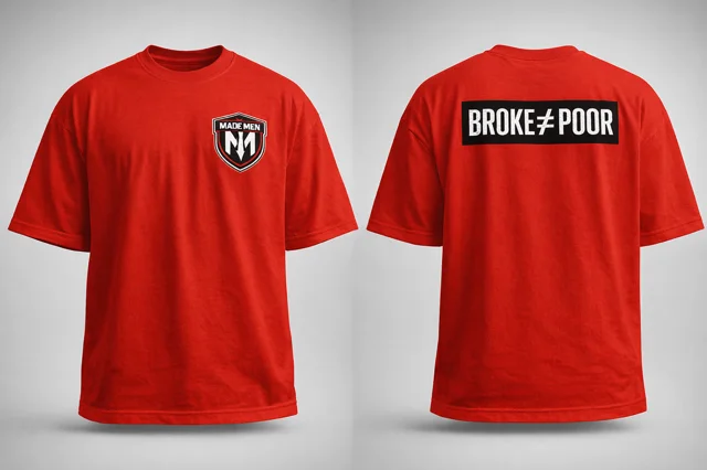 Red cotton tee. Chest shield, 'BROKE ≠ POOR' back print.