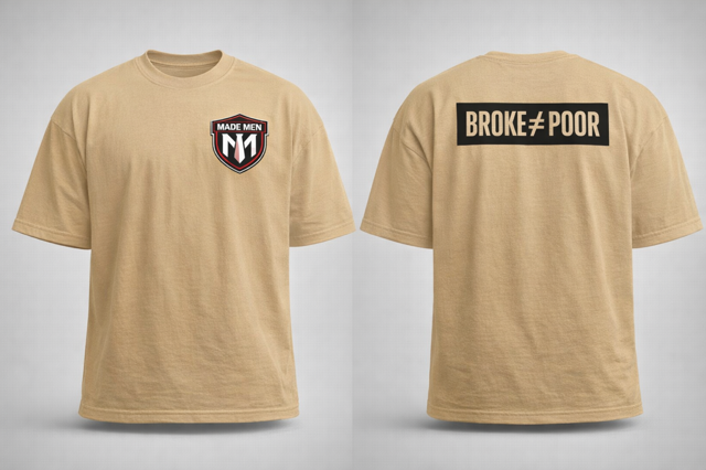 Tan cotton tee. Chest shield, 'BROKE ≠ POOR' back print.