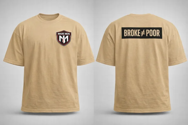 Tan cotton tee. Chest shield, 'BROKE ≠ POOR' back print.